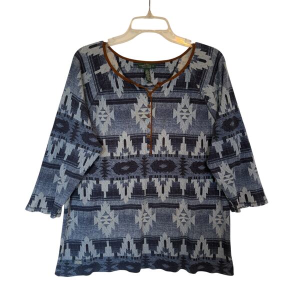LRL Lauren Jeans Aztec Western Top Womens Size 2X Blue w/ Brown Trim Raglan Tee - Picture 1 of 6